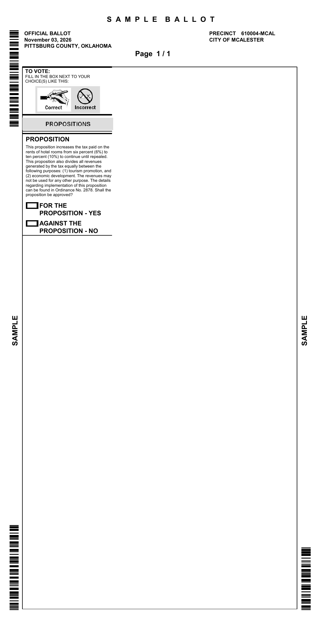 City of McAlester ballot, precinct 610004-MCAL, page 1. The full text of every contest is transcribed in the guide and below.
