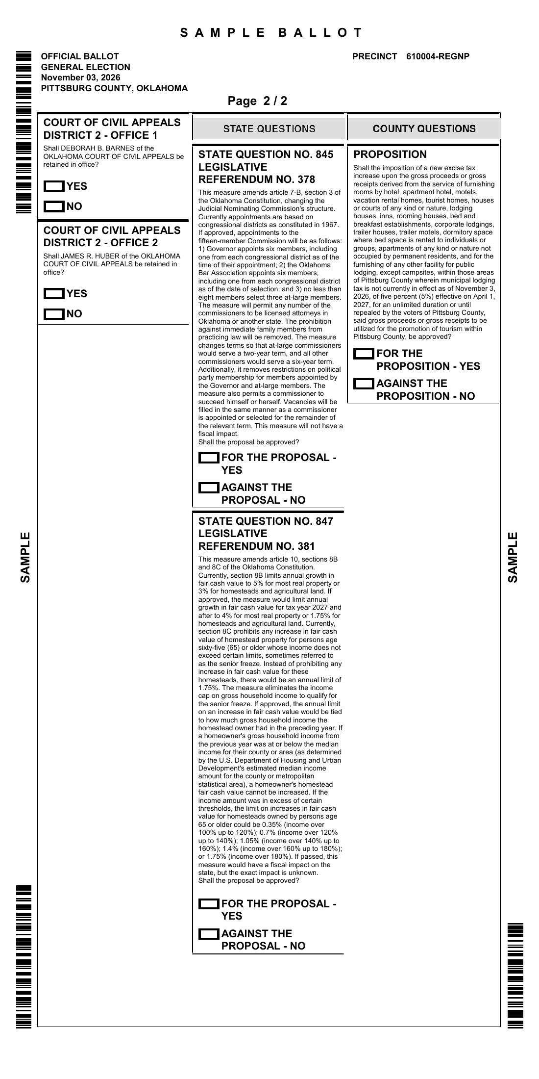 County ballot, precinct 610004-REGNP, page 2. The full text of every contest is transcribed in the guide and below.